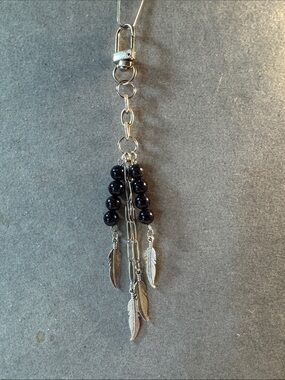 SilverTone  Feather Charm Drop Key or purse Charm with Black Beads
